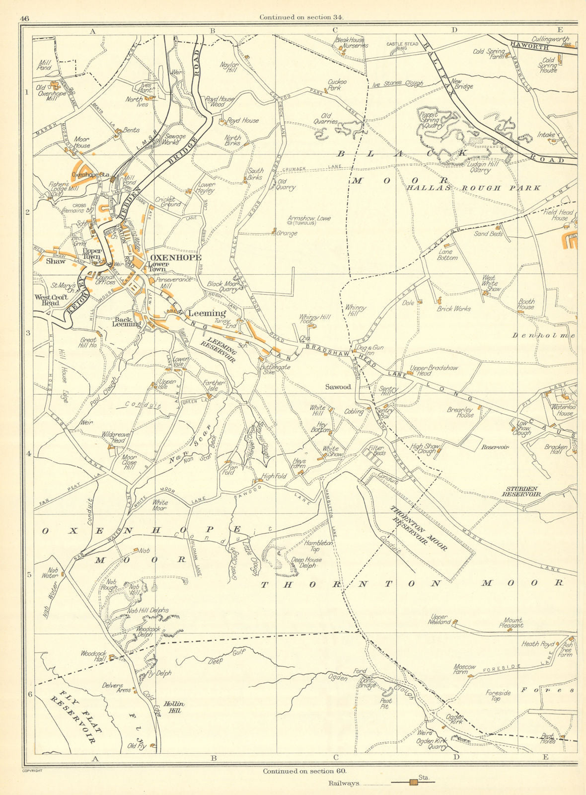 YORKSHIRE Thornton Moor Oxenhope Black Moor Sawood Stubden Leeming 1935 map